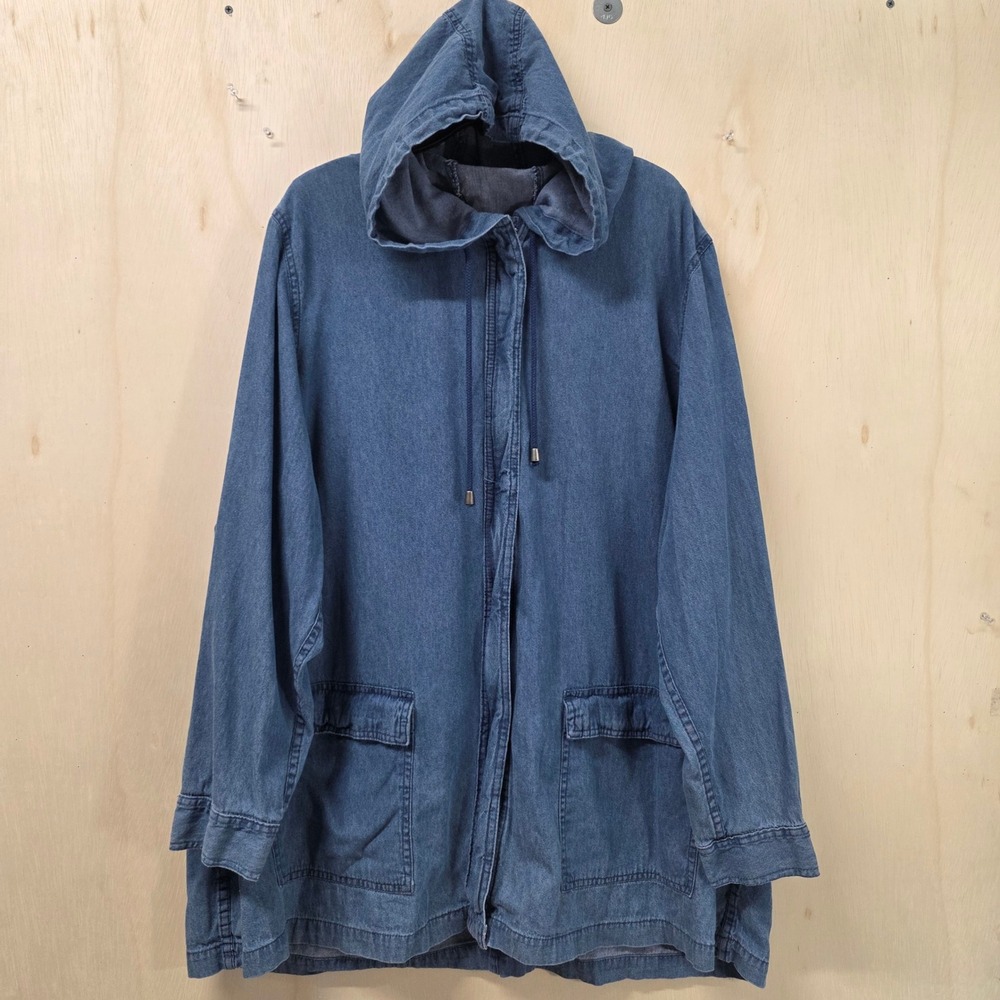 Woman Within Womens 2X Blue Cotton Denim Hooded Full Zip Utility Jacket 26/28